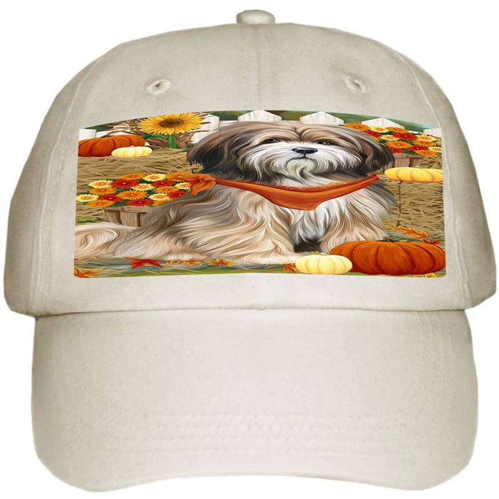 Fall Autumn Greeting Tibetan Terrier Dog with Pumpkins Ball Hat Cap HAT56361
