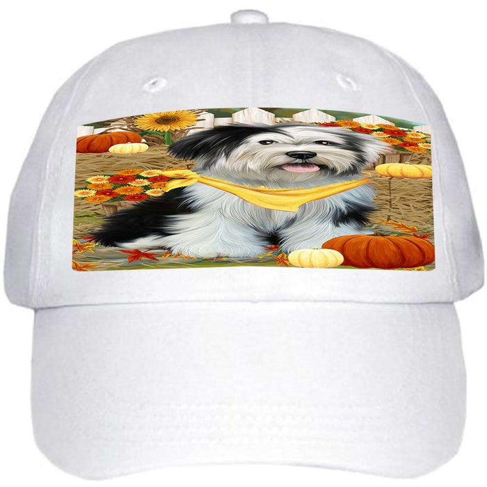 Fall Autumn Greeting Tibetan Terrier Dog with Pumpkins Ball Hat Cap HAT56364