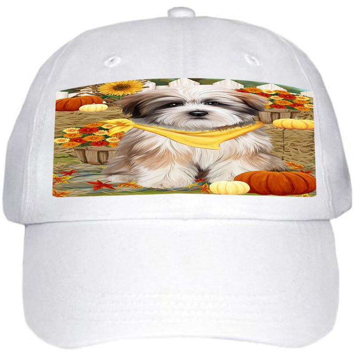 Fall Autumn Greeting Tibetan Terrier Dog with Pumpkins Ball Hat Cap HAT56370
