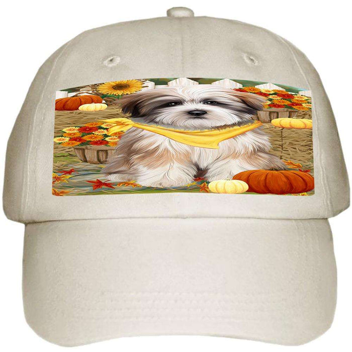 Fall Autumn Greeting Tibetan Terrier Dog with Pumpkins Ball Hat Cap HAT56370