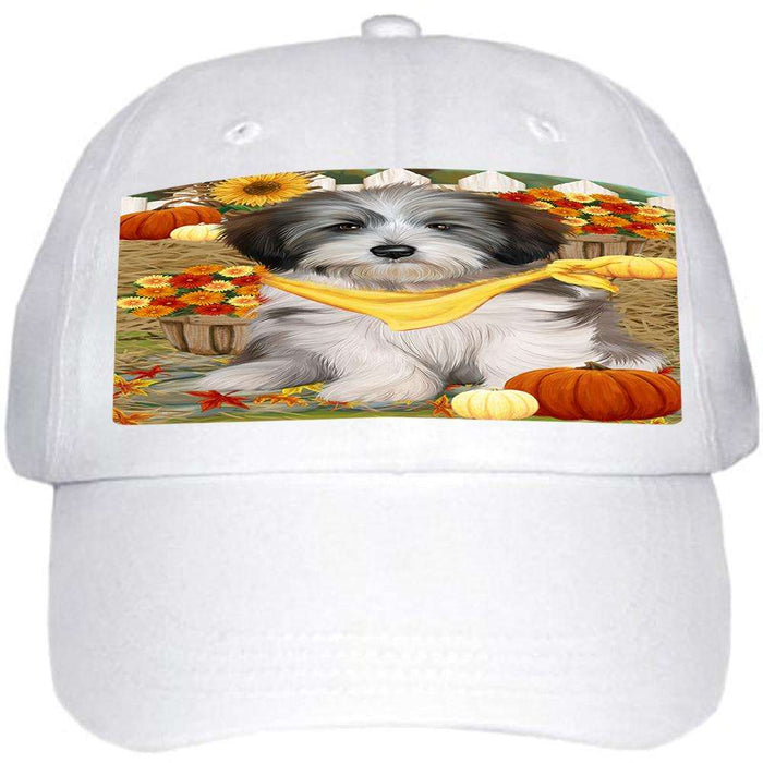 Fall Autumn Greeting Tibetan Terrier Dog with Pumpkins Ball Hat Cap HAT56373