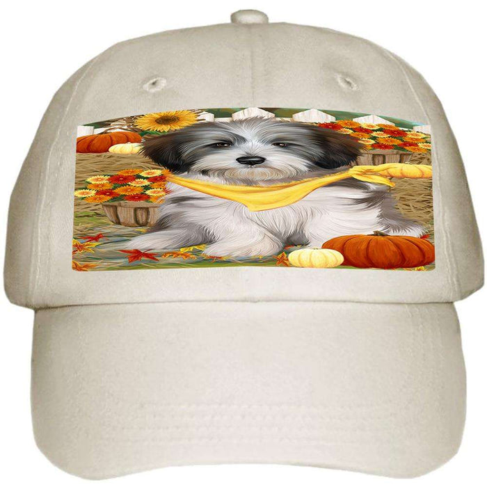 Fall Autumn Greeting Tibetan Terrier Dog with Pumpkins Ball Hat Cap HAT56373