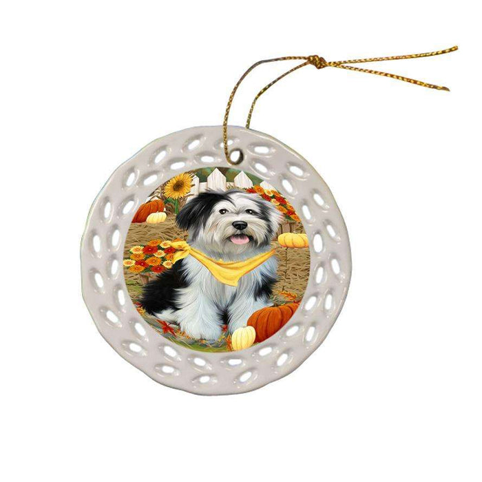 Fall Autumn Greeting Tibetan Terrier Dog with Pumpkins Ceramic Doily Ornament DPOR50865