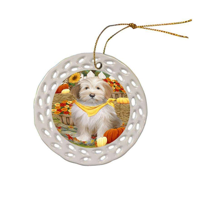 Fall Autumn Greeting Tibetan Terrier Dog with Pumpkins Ceramic Doily Ornament DPOR50866