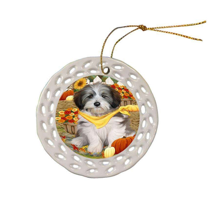 Fall Autumn Greeting Tibetan Terrier Dog with Pumpkins Ceramic Doily Ornament DPOR50868