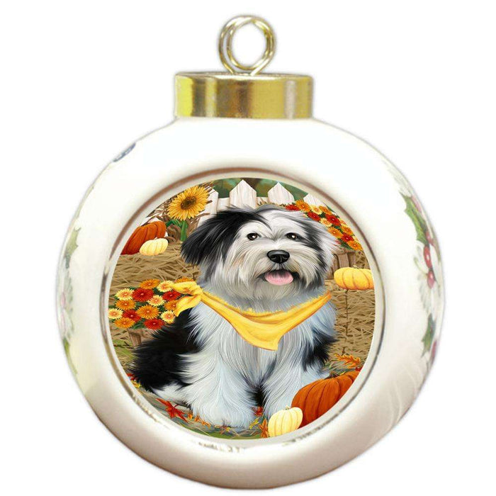 Fall Autumn Greeting Tibetan Terrier Dog with Pumpkins Round Ball Christmas Ornament RBPOR50865