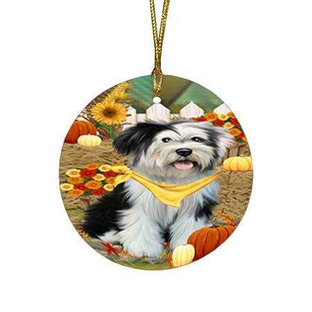 Fall Autumn Greeting Tibetan Terrier Dog with Pumpkins Round Flat Christmas Ornament RFPOR50856