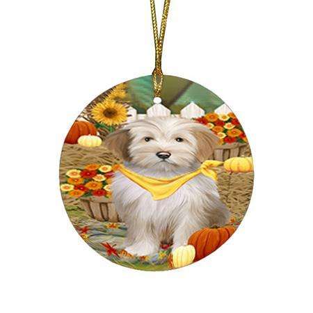 Fall Autumn Greeting Tibetan Terrier Dog with Pumpkins Round Flat Christmas Ornament RFPOR50857