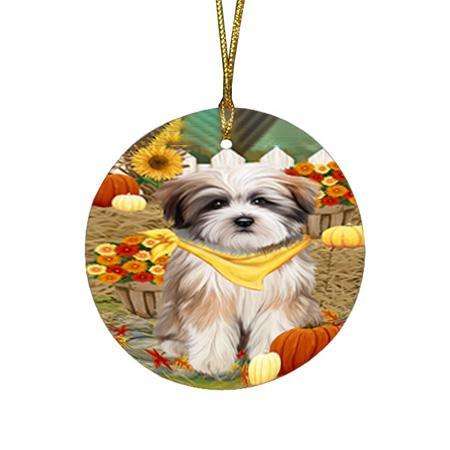 Fall Autumn Greeting Tibetan Terrier Dog with Pumpkins Round Flat Christmas Ornament RFPOR50858