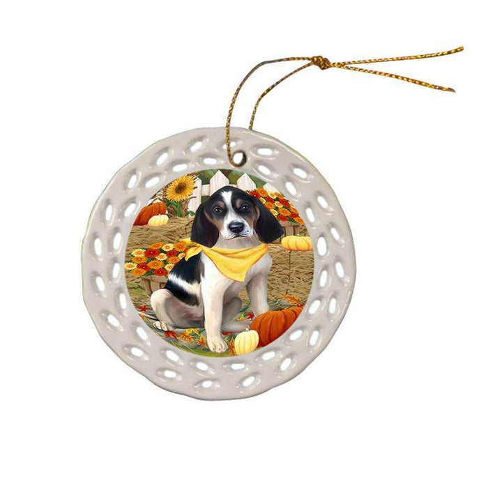 Fall Autumn Greeting Treeing Walker Coonhound Dog with Pumpkins Ceramic Doily Ornament DPOR50870