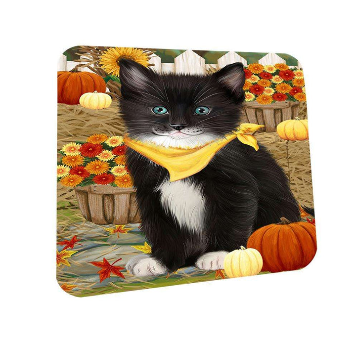 Fall Autumn Greeting Tuxedo Cat with Pumpkins Coasters Set of 4 CST52310