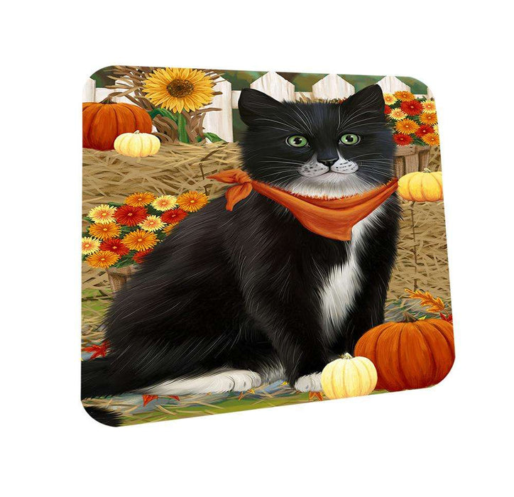 Fall Autumn Greeting Tuxedo Cat with Pumpkins Coasters Set of 4 CST52311