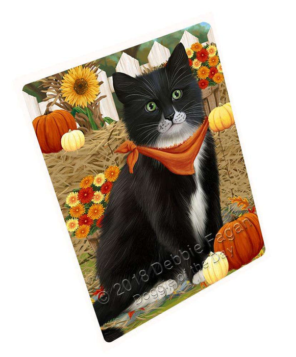 Fall Autumn Greeting Tuxedo Cat with Pumpkins Cutting Board C61149