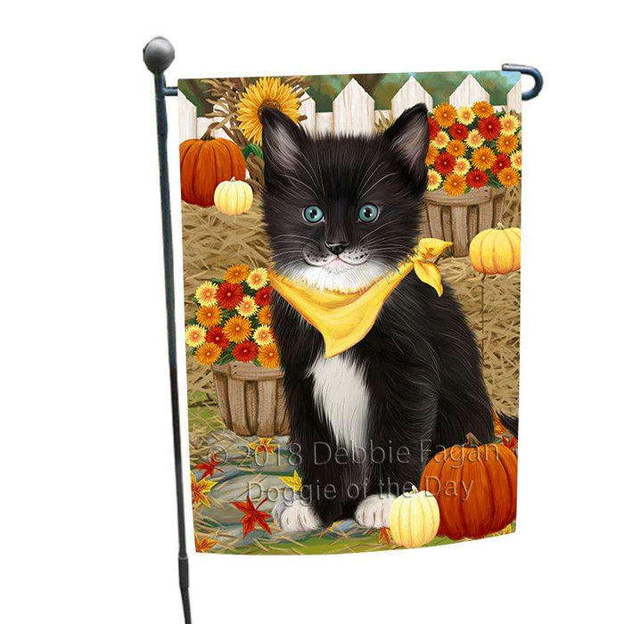 Fall Autumn Greeting Tuxedo Cat with Pumpkins Garden Flag GFLG52296