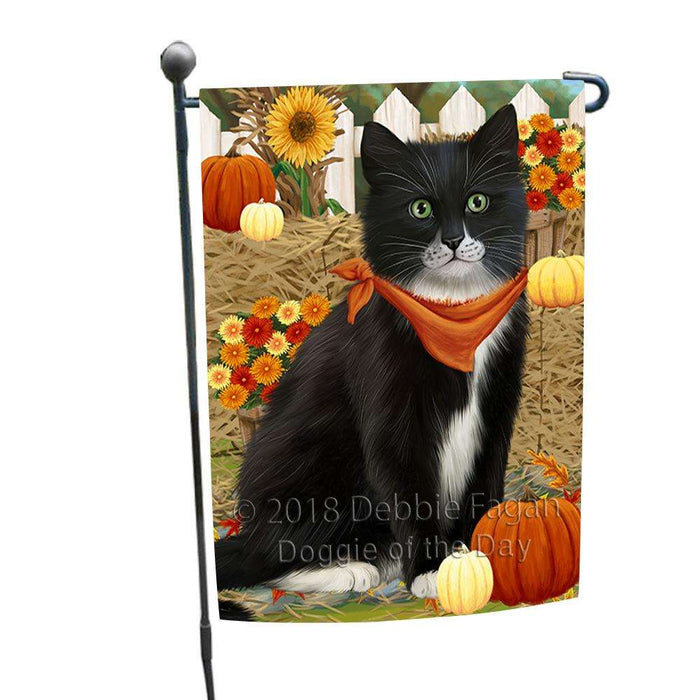 Fall Autumn Greeting Tuxedo Cat with Pumpkins Garden Flag GFLG52297