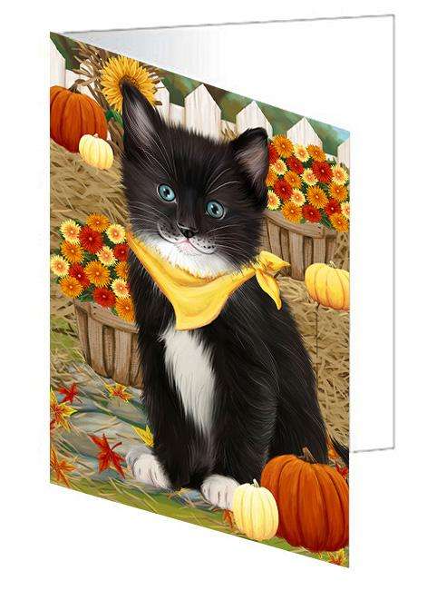 Fall Autumn Greeting Tuxedo Cat with Pumpkins Handmade Artwork Assorted Pets Greeting Cards and Note Cards with Envelopes for All Occasions and Holiday Seasons GCD61082