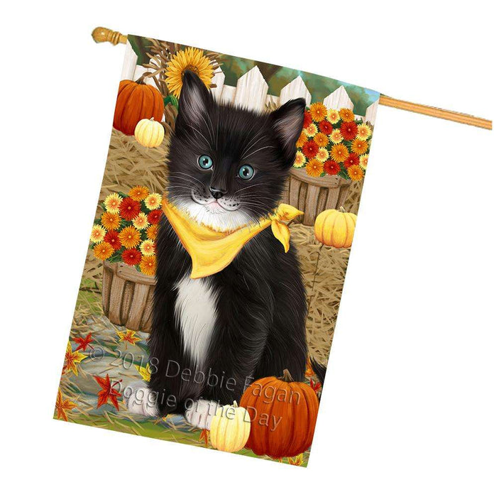 Fall Autumn Greeting Tuxedo Cat with Pumpkins House Flag FLG52432