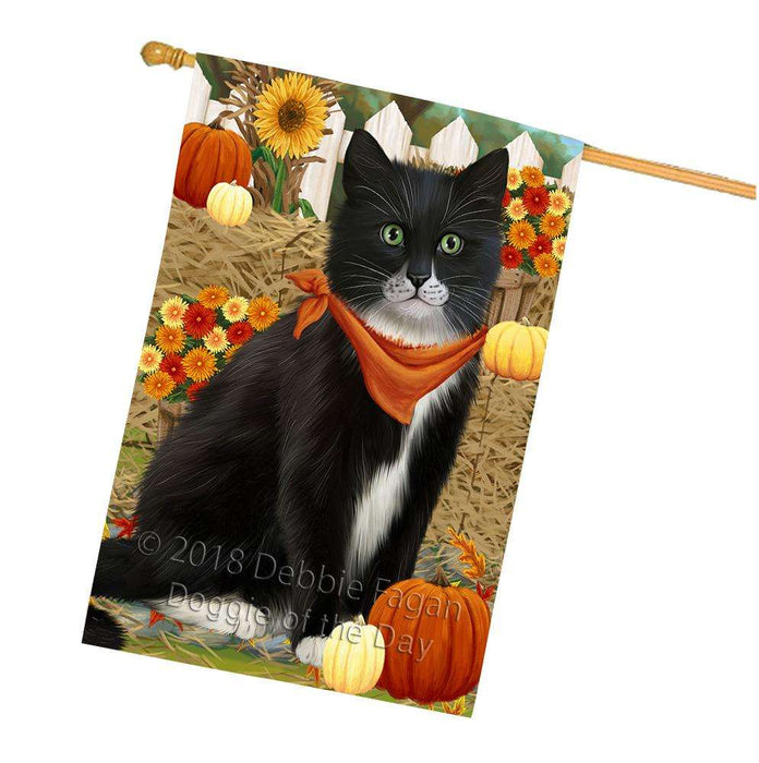 Fall Autumn Greeting Tuxedo Cat with Pumpkins House Flag FLG52433