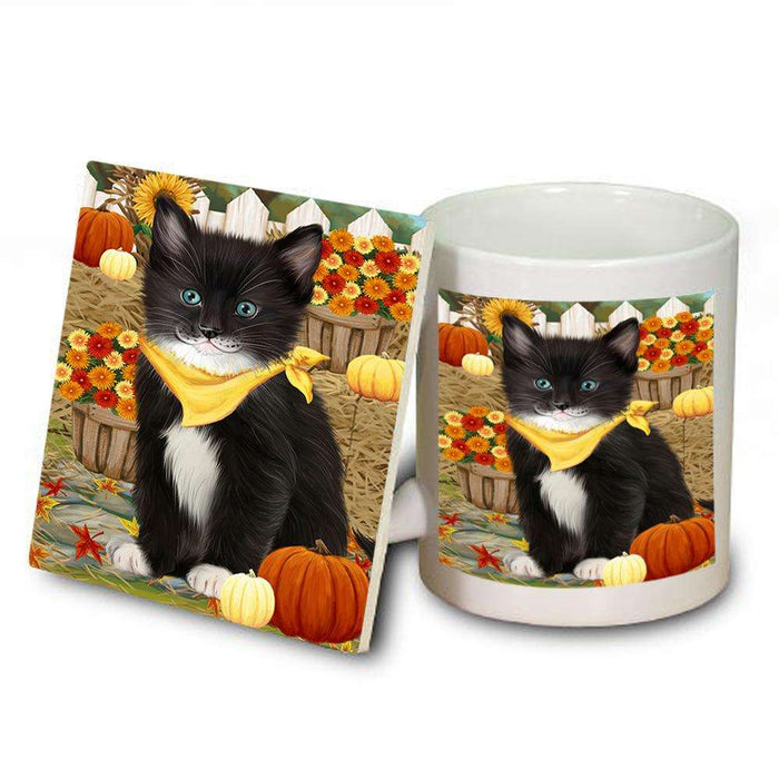 Fall Autumn Greeting Tuxedo Cat with Pumpkins Mug and Coaster Set MUC52343