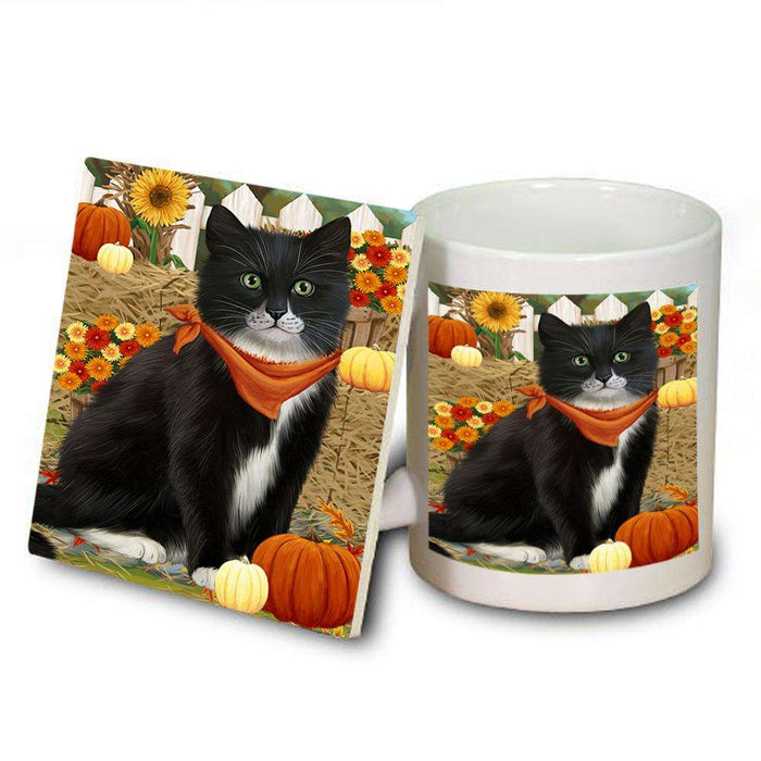 Fall Autumn Greeting Tuxedo Cat with Pumpkins Mug and Coaster Set MUC52344