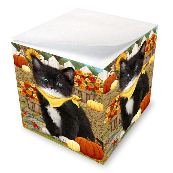 Fall Autumn Greeting Tuxedo Cat with Pumpkins Note Cube NOC52351