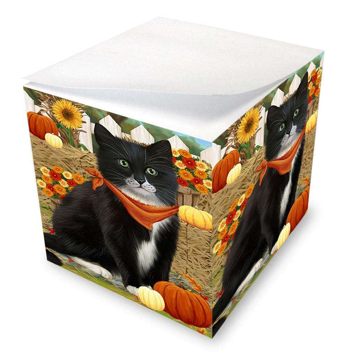 Fall Autumn Greeting Tuxedo Cat with Pumpkins Note Cube NOC52352
