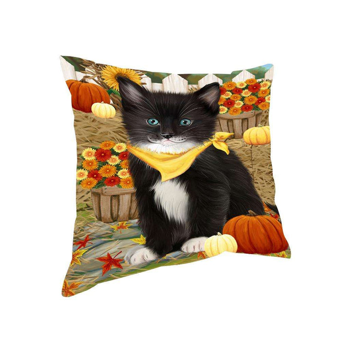 Fall Autumn Greeting Tuxedo Cat with Pumpkins Pillow PIL65560