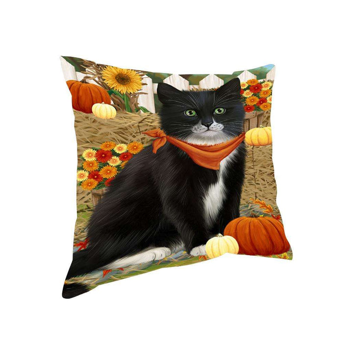 Fall Autumn Greeting Tuxedo Cat with Pumpkins Pillow PIL65564