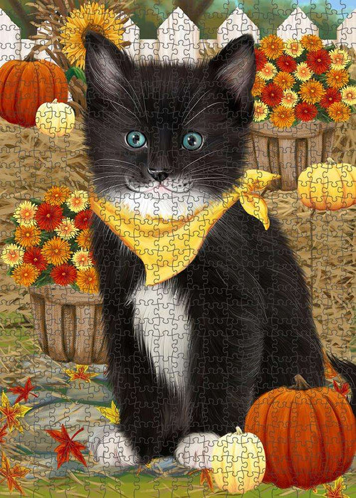 Fall Autumn Greeting Tuxedo Cat with Pumpkins Puzzle with Photo Tin PUZL60984