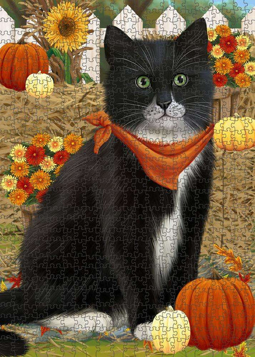 Fall Autumn Greeting Tuxedo Cat with Pumpkins Puzzle with Photo Tin PUZL60987