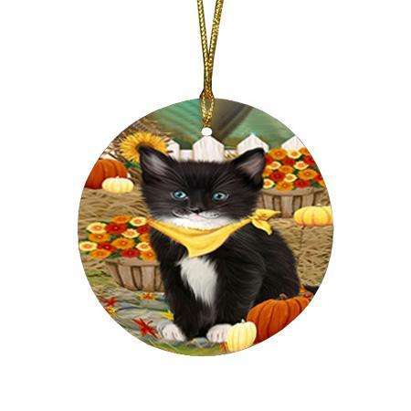 Fall Autumn Greeting Tuxedo Cat with Pumpkins Round Flat Christmas Ornament RFPOR52342