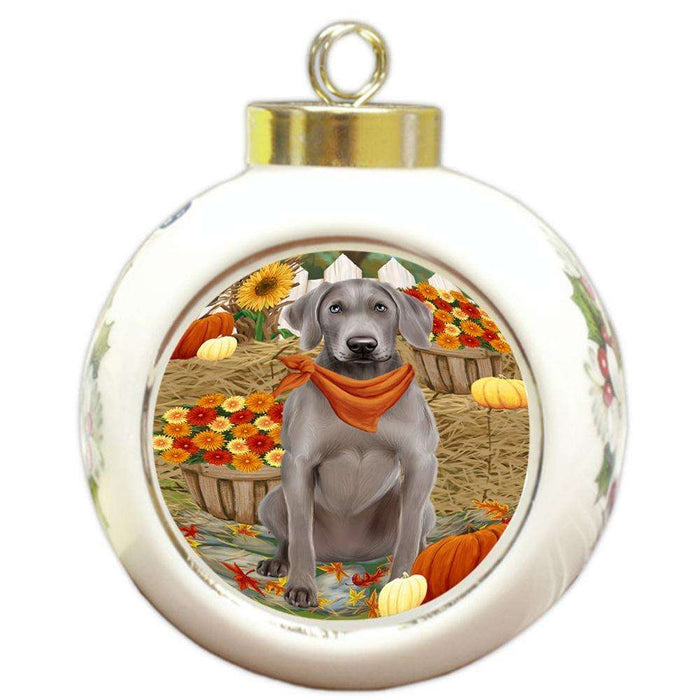 Fall Autumn Greeting Weimaraner Dog with Pumpkins Round Ball Christmas Ornament RBPOR50874