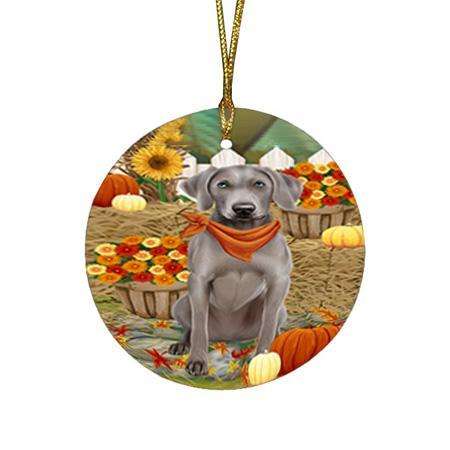 Fall Autumn Greeting Weimaraner Dog with Pumpkins Round Flat Christmas Ornament RFPOR50865