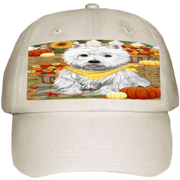 Fall Autumn Greeting West Highland Terrier Dog with Pumpkins Ball Hat Cap HAT56400