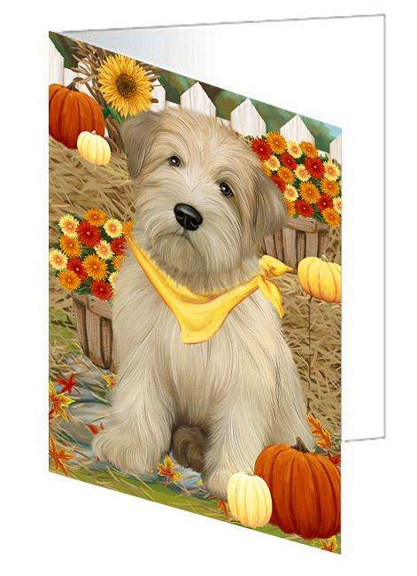Fall Autumn Greeting Wheaten Terrier Dog with Pumpkins Handmade Artwork Assorted Pets Greeting Cards and Note Cards with Envelopes for All Occasions and Holiday Seasons GCD61091