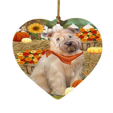 Fall Autumn Greeting Wheaten Terrier Dog with Pumpkins Heart Christmas Ornament HPOR52353