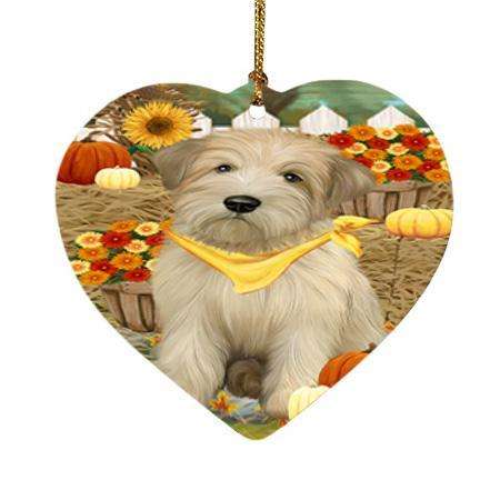 Fall Autumn Greeting Wheaten Terrier Dog with Pumpkins Heart Christmas Ornament HPOR52354