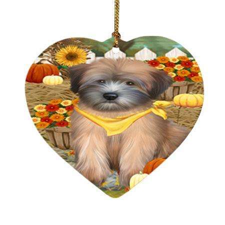 Fall Autumn Greeting Wheaten Terrier Dog with Pumpkins Heart Christmas Ornament HPOR52355