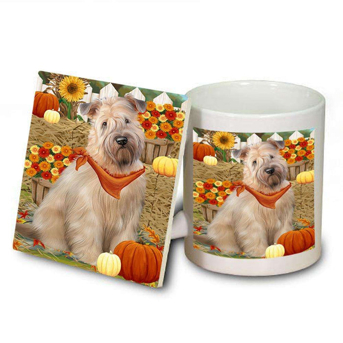 Fall Autumn Greeting Wheaten Terrier Dog with Pumpkins Mug and Coaster Set MUC52345