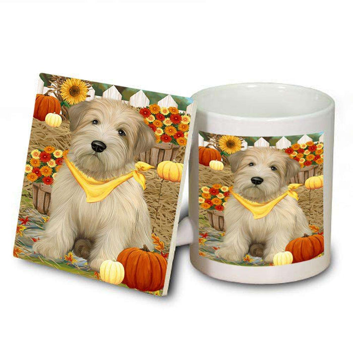 Fall Autumn Greeting Wheaten Terrier Dog with Pumpkins Mug and Coaster Set MUC52346