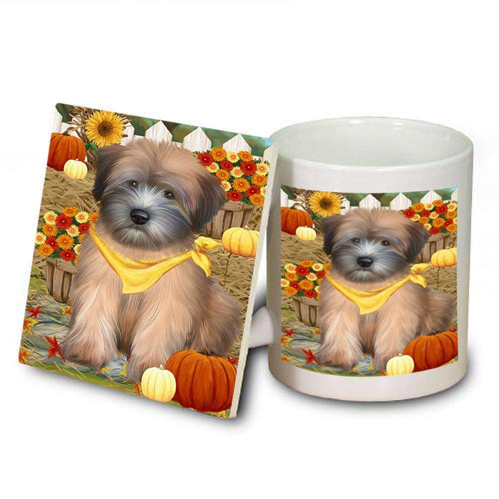 Fall Autumn Greeting Wheaten Terrier Dog with Pumpkins Mug and Coaster Set MUC52347