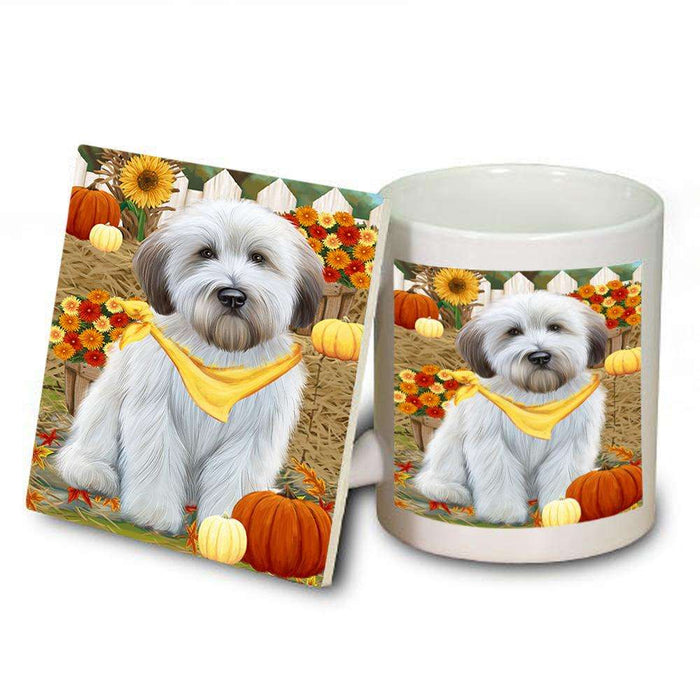 Fall Autumn Greeting Wheaten Terrier Dog with Pumpkins Mug and Coaster Set MUC52348