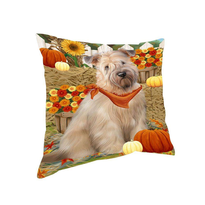 Fall Autumn Greeting Wheaten Terrier Dog with Pumpkins Pillow PIL65568