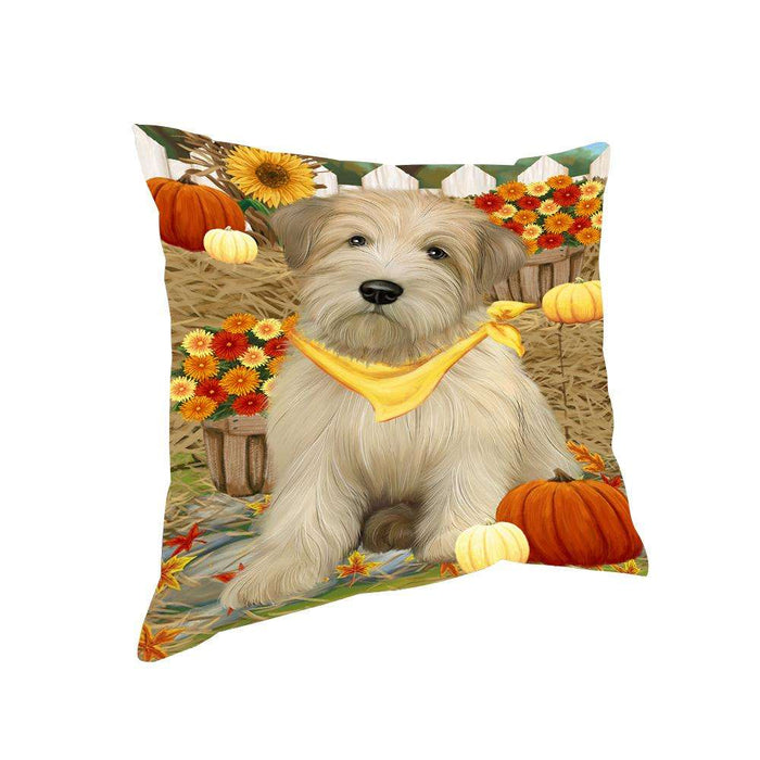Fall Autumn Greeting Wheaten Terrier Dog with Pumpkins Pillow PIL65572