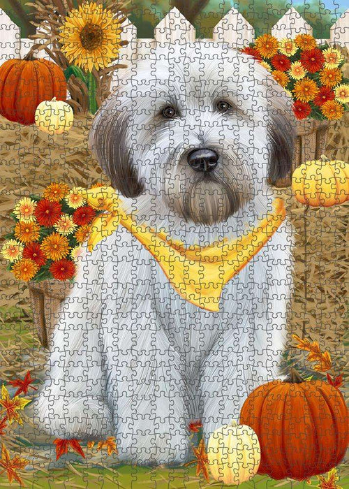 Fall Autumn Greeting Wheaten Terrier Dog with Pumpkins Puzzle with Photo Tin PUZL60999