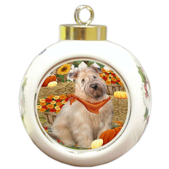 Fall Autumn Greeting Wheaten Terrier Dog with Pumpkins Round Ball Christmas Ornament RBPOR52353