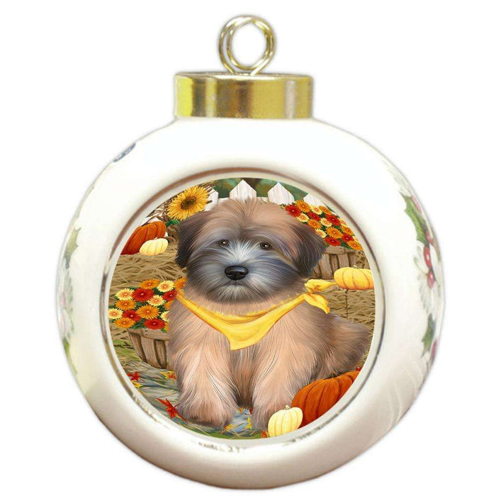 Fall Autumn Greeting Wheaten Terrier Dog with Pumpkins Round Ball Christmas Ornament RBPOR52355