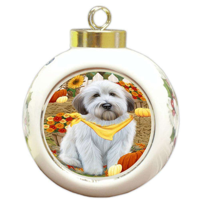 Fall Autumn Greeting Wheaten Terrier Dog with Pumpkins Round Ball Christmas Ornament RBPOR52356
