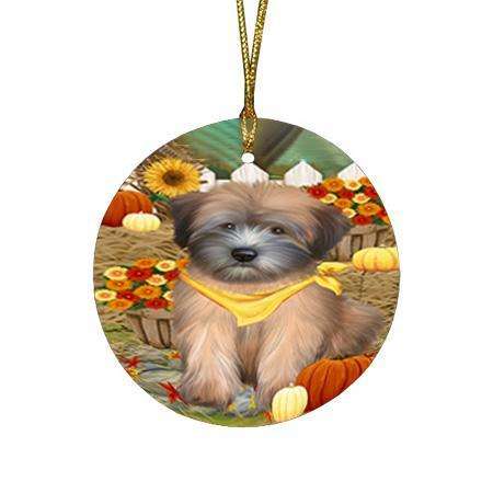 Fall Autumn Greeting Wheaten Terrier Dog with Pumpkins Round Flat Christmas Ornament RFPOR52346