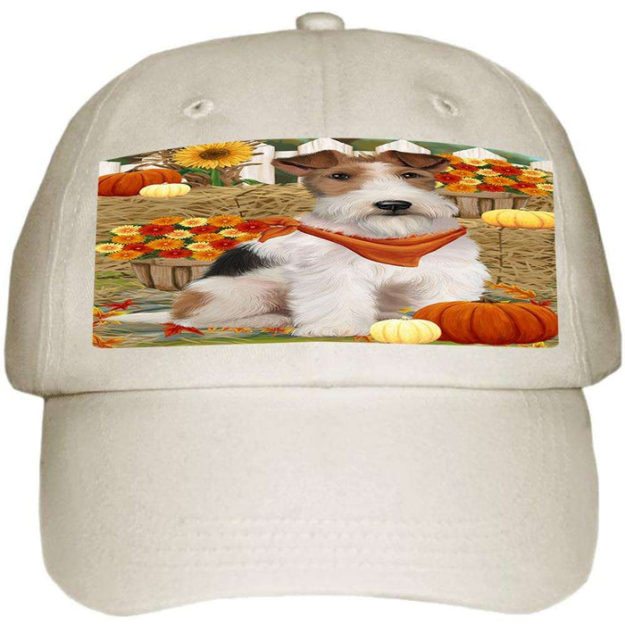 Fall Autumn Greeting Wire Fox Terrier Dog with Pumpkins Ball Hat Cap HAT60804